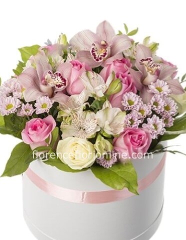 Box rotonda o quadrata - con rose orchidee e fiori bianchi.