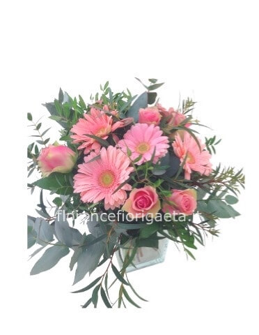 Bouquet di gerbere e rose rosa