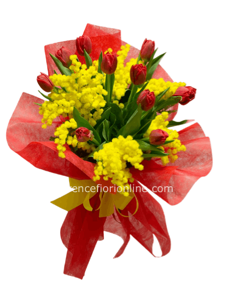 Bouquet di 11 tulipani con mimosa.