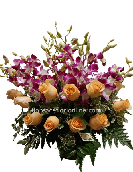 Composizione in cesto con orchidee + 15 rose gialle