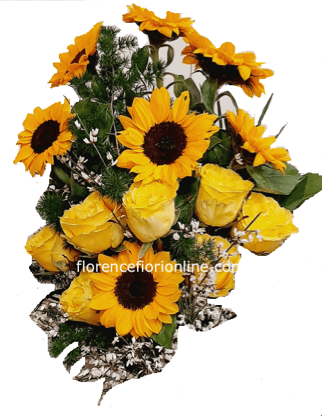 Fascio di 7 girasoli + 7 rose gialle