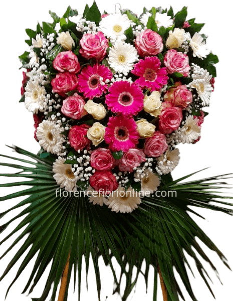 Cuore di rose e gerbere - colori rosa e bianco - diametro 50/60 cm con piedini.