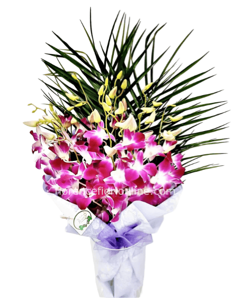 Mazzetto con Mini Orchidee Singapore e Foglie Miste