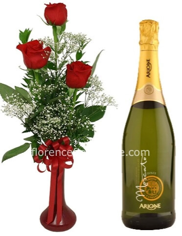 Tre rose rosse con 1 bottiglia di spumante