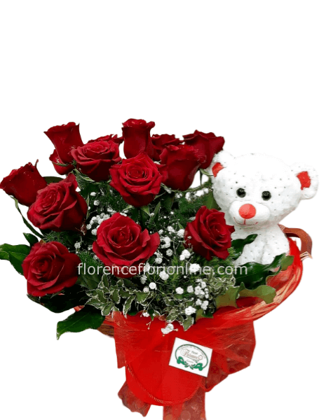 12 rose rosse in cesto con orsetto. (peluche h. cm 25)