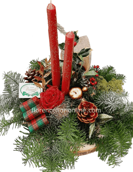 Centrotavola Natalizio su Legno con Rosa Stabilizzata, Abete e Candela