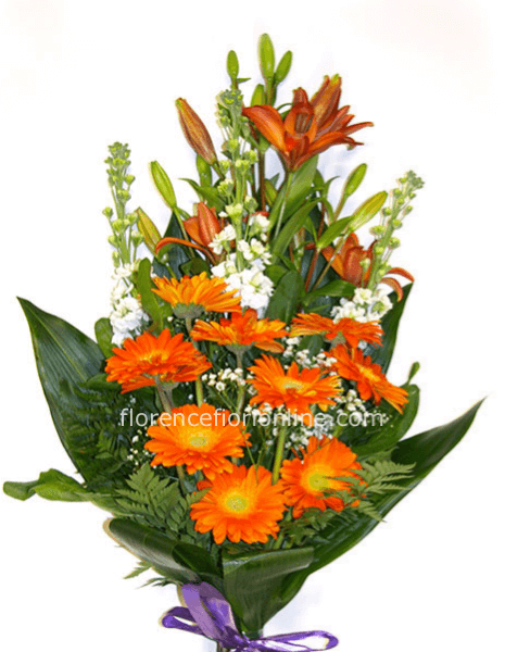Mazzo misto con gerbere arancio e lilium - Medio
