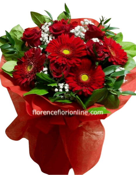 Bouquet di gerbere e rose rosse con verde decorativo. (Standard)