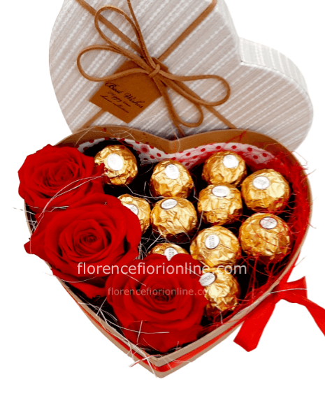 Box a forma di cuore con 3 Rose Fresche + ferrero rocher. (diametro 20 cm)