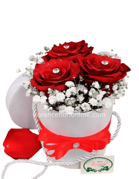 Box con 3 rose rosse stabilizzate. Ø 13/14 cm x h. 18/19