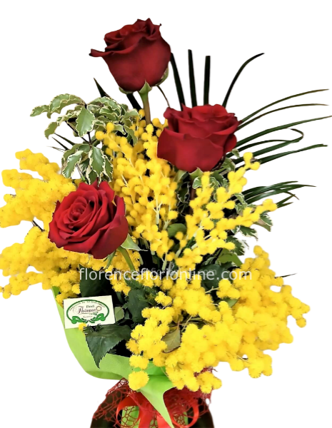 Tre rose rosse con mimosa