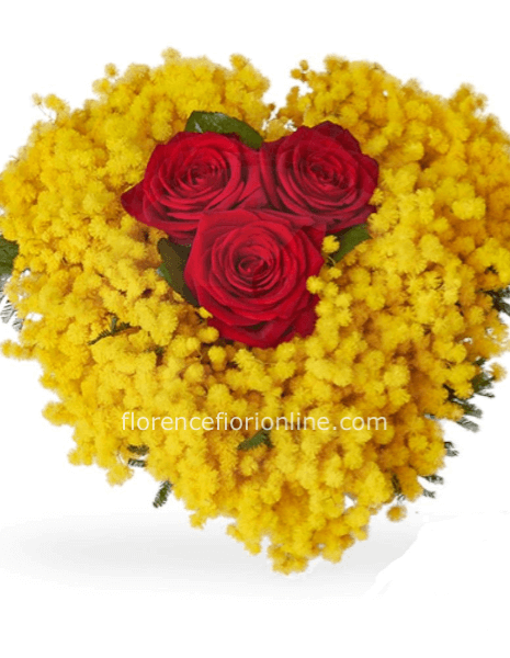 Cuore di mimosa Ø cm 20 + 3 rose rosse