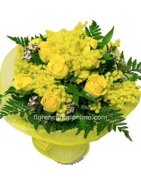 Bouquet di 7 rose gialle con mimosa.
