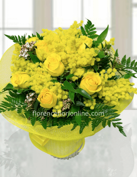 Bouquet di 9 rose gialle con mimosa.
