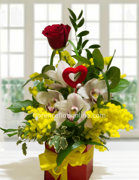 Scatola,vasetto o cestino con 1 rosa rossa orchidea e mimosa.