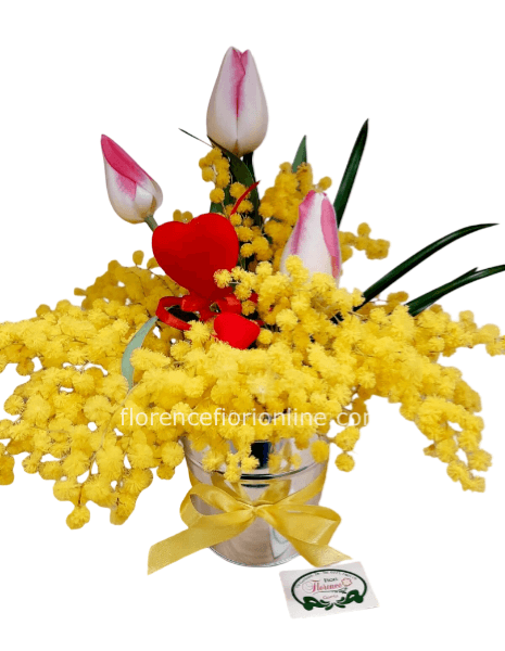 Vasetto di ceramica con Mimosa, 3 tulipani e cuore. h. 25/30 cm.