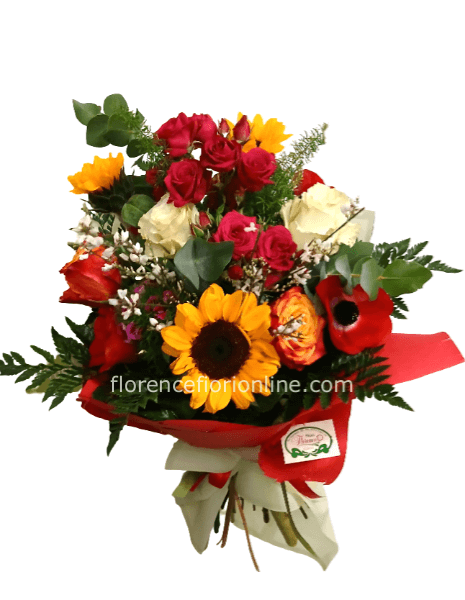 Bouquet con Girasoli, Rose, Gerbere e fiori di stagione. (Standard)
