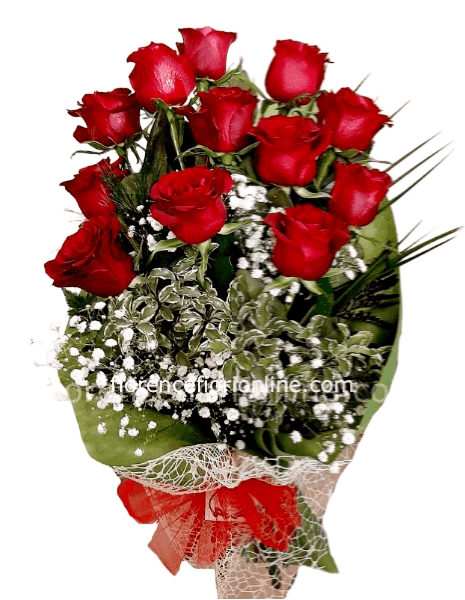 Mazzo di 12 rose rosse di prima scelta.