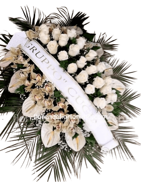 Cuscino funebre  bianco con Rose, Anthurium e Orchidee