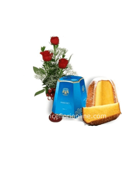 Bouquet di tre rose rosse di prima scelta con Pandoro