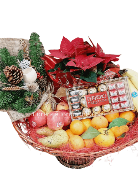 Cesto con Stella + frutta fresca + scatola cioccolatini + mazzetto natalizio