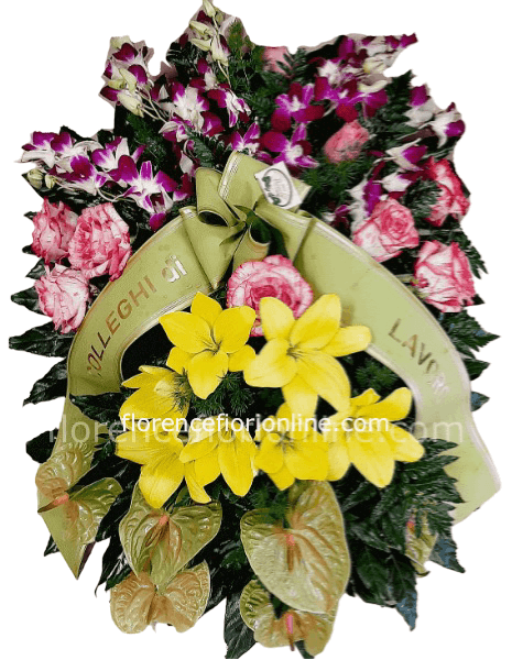 Cuscino funebre con orchidea, lilium, anthurium e rose