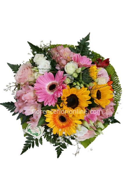 Bouquet con rose in colori misti, girasoli, Gerbere e fiori di stagione. Base