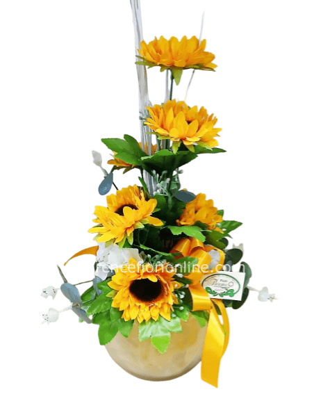 Composizione artificiale - Girasoli in vaso di vetro H. 42 cm.