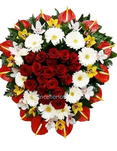 Cuore con piedini - gerbere, rose, anthurium e orchidee.