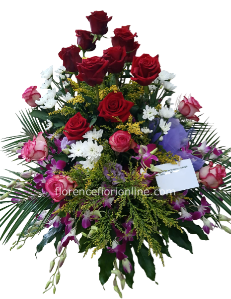 Composizione funebre su spugna con rose e orchidee