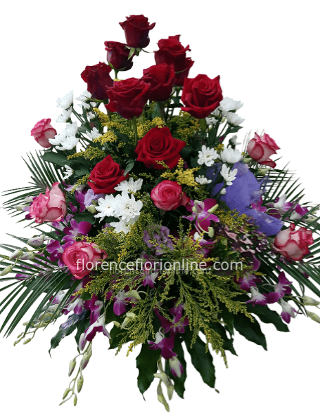 Composizione funebre su spugna con rose e orchidee