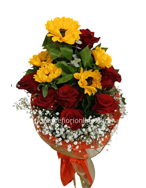 Fascio con 7 rose rosse + 5 Girasoli