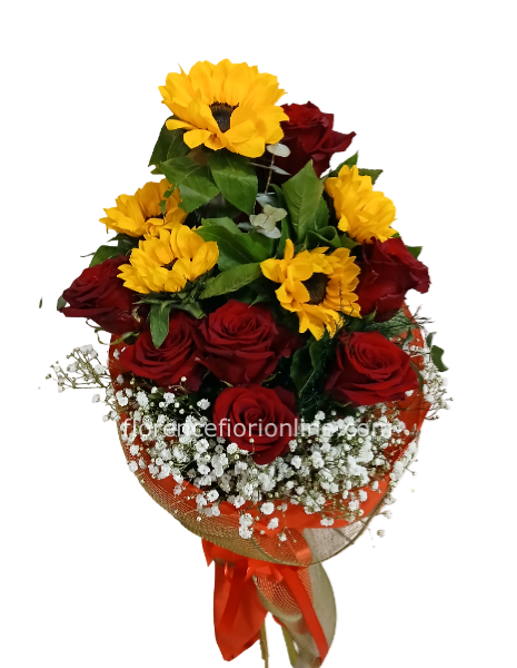 Fascio con 7 rose rosse + 5 Girasoli