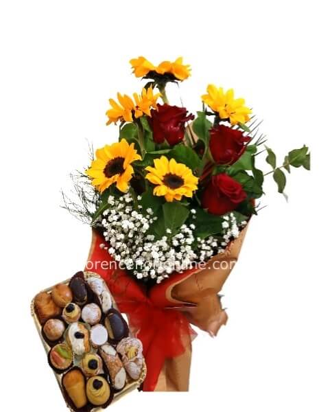 Bouquet di 5 girasoli + 3 rose rosse + vassoio di pasticcini 500 gr