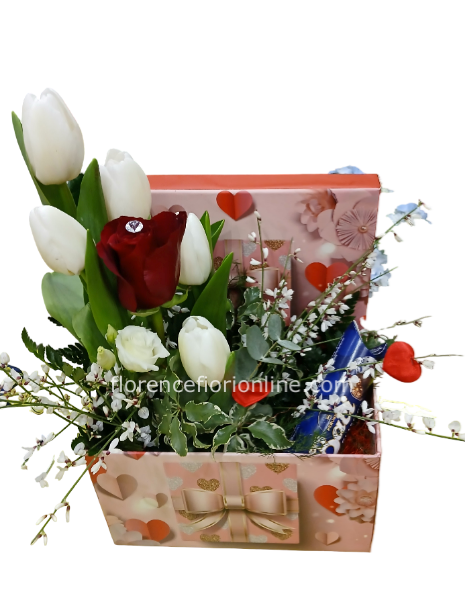 Scatola Decorata con Tulipani, Rosa Rossa e Baci Perugina
