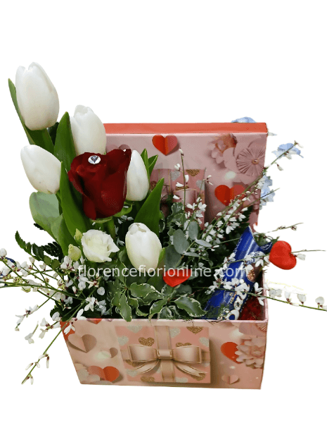 Scatola Decorata con Tulipani, Rosa Rossa e Baci Perugina