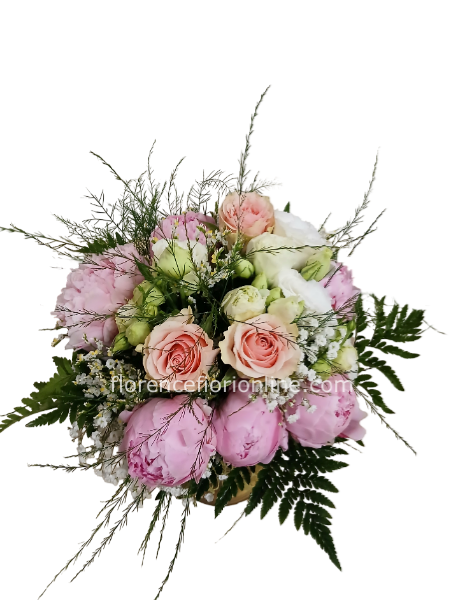 Bouquet con peonie, rose e lisianthus